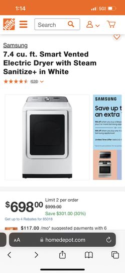 7.4 cu. ft. Smart Vented Electric Dryer with Steam Sanitize+ in White