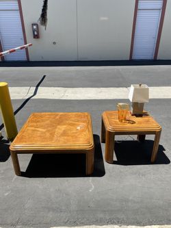 Vintage MCM Oak Starburst Parquetry Coffee Table and End Table Set