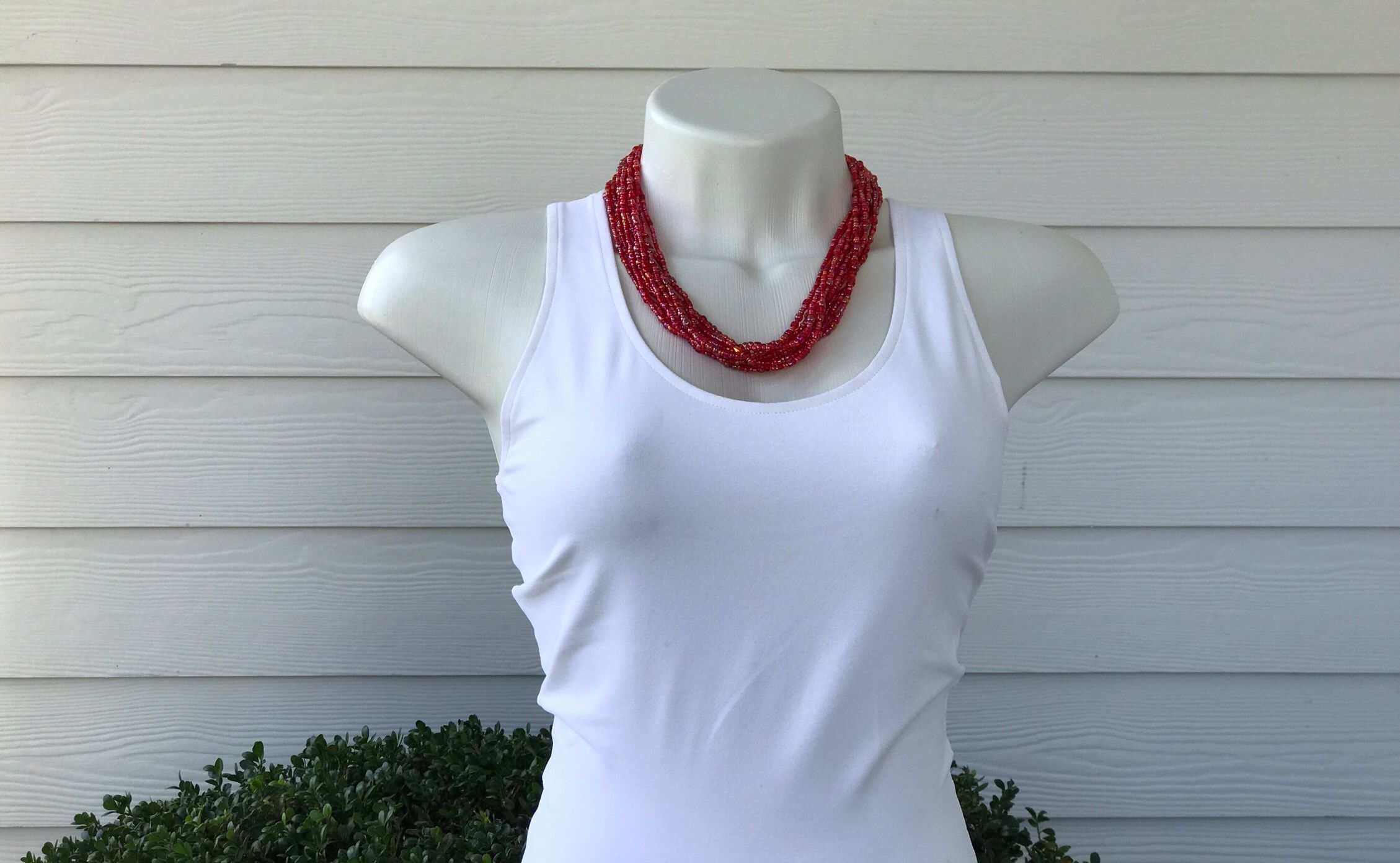 Red Coral Necklace, Bohemian Necklace, Boho Necklace, Multi Strand Beeded Necklace, Red Beaded Necklace, Holliday Jewelry, Red Seed Necklace