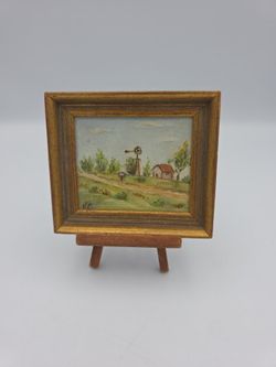 Original Oil Painting Mini Canvas Farmscape Signed KC 3.25" x 3.75" Wood Frame