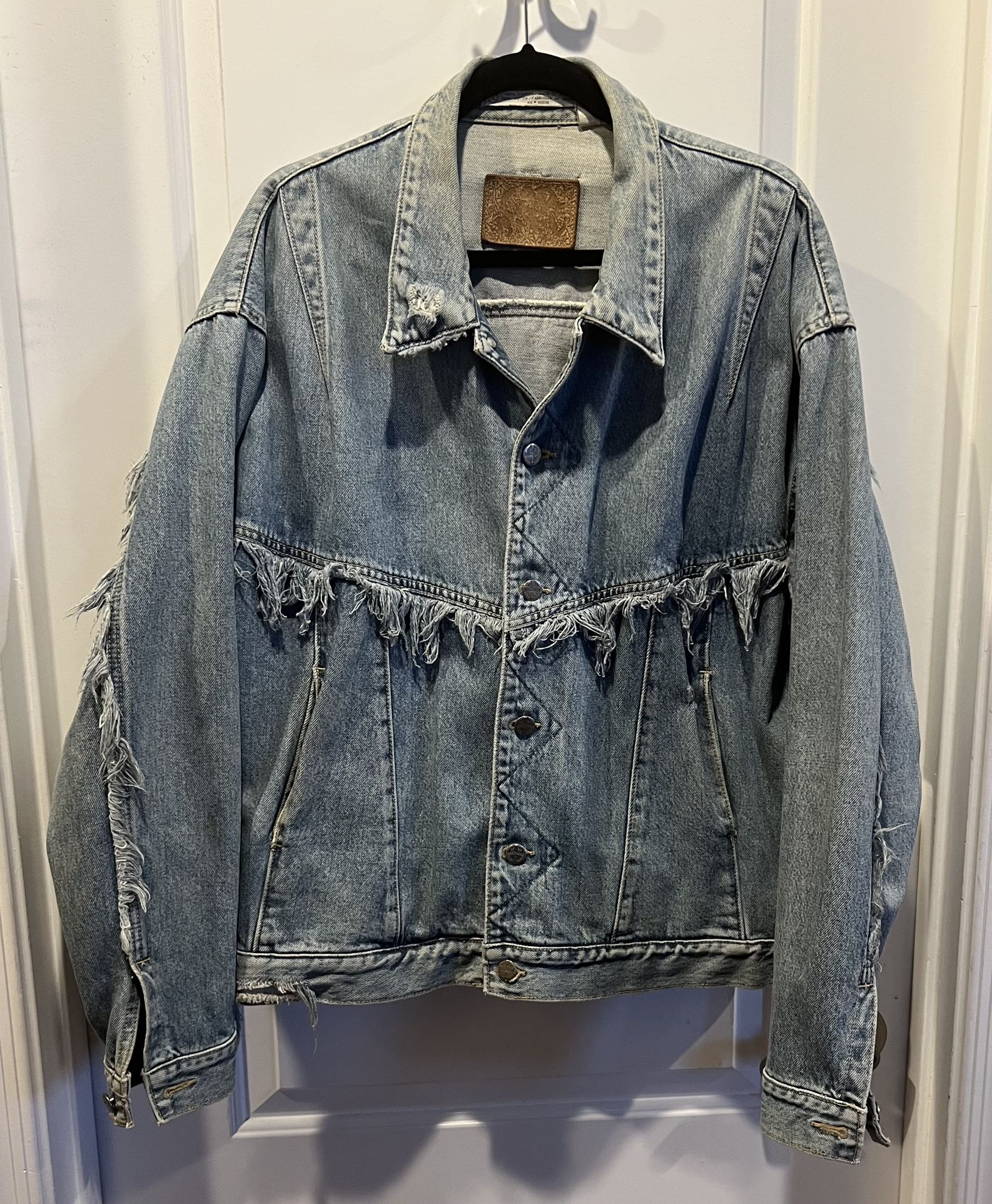 VINTAGE Code Bleu Distressed Fringe Denim Jacket - Men's XL $200