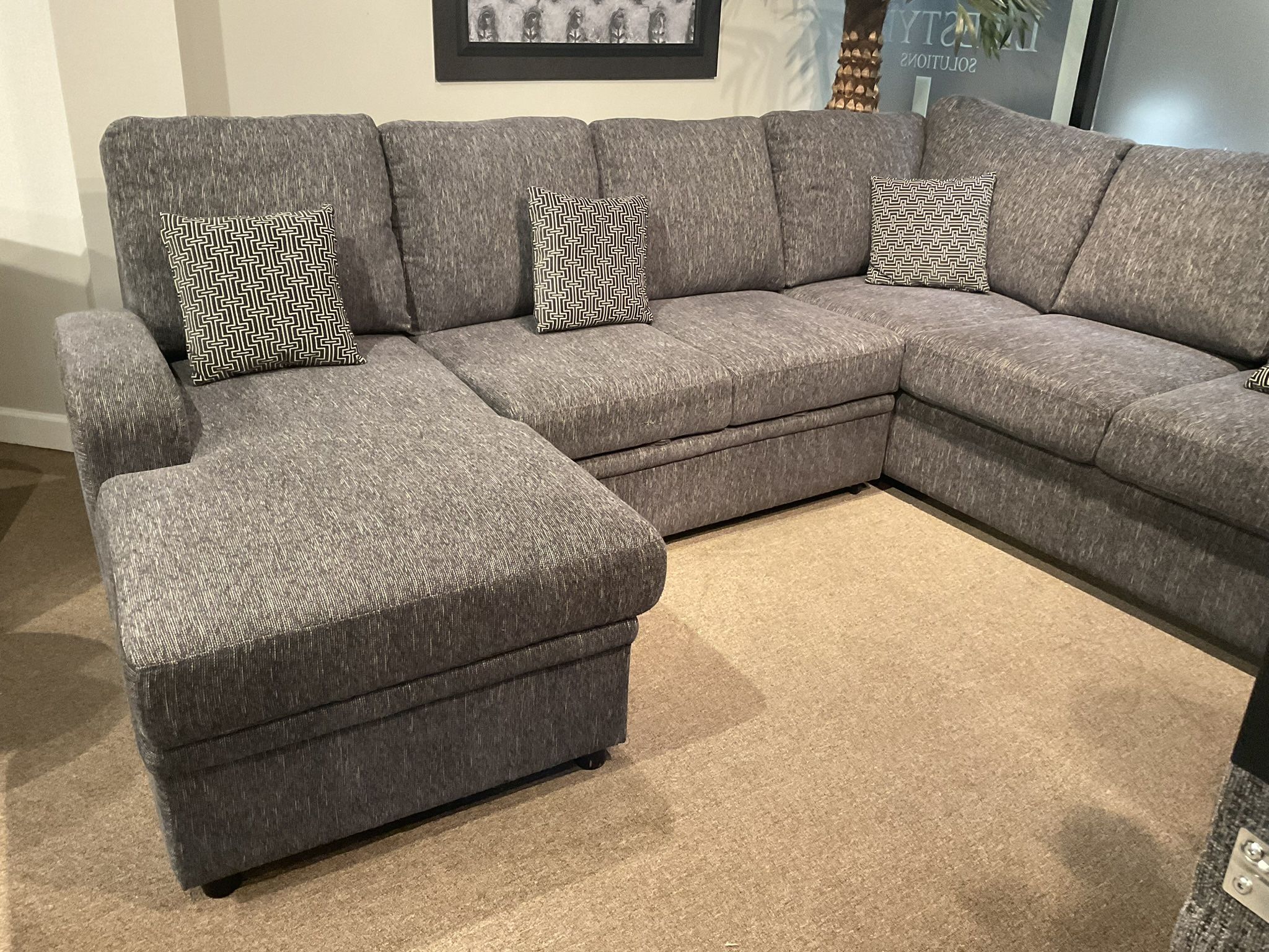 U shape sectional sofa with pullout sleeper, chaise with storage