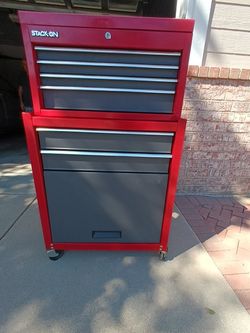 Pair of Stack on Red Tool Boxes Toolboxes w Wheels
