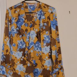 Yellow Blue And Brown Floral Dress Shirt With V Neck And Long Collar