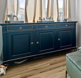 Solid Wood Buffet / Sideboard – Black w/ Brass Trim, Modern Classic