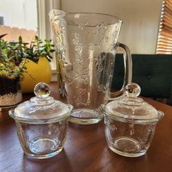 Savannah Clear Anchor Hocking Pitcher and 2 covered sugar bowls
