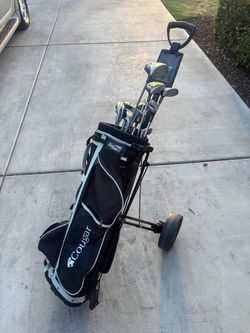 Cougar Golf Bag with Clubs and Push Cart