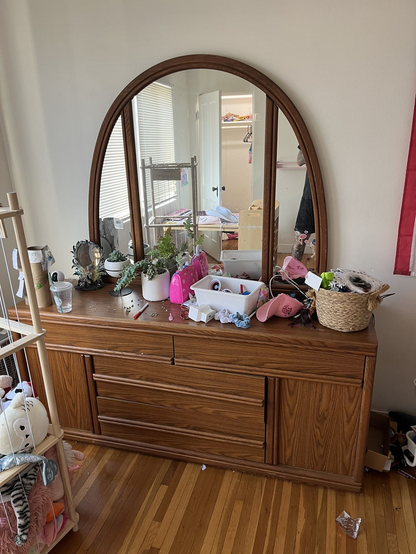 heavy wooden drawers with mirror.