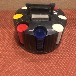Poker Chips, Caddie And Deck Of Cards