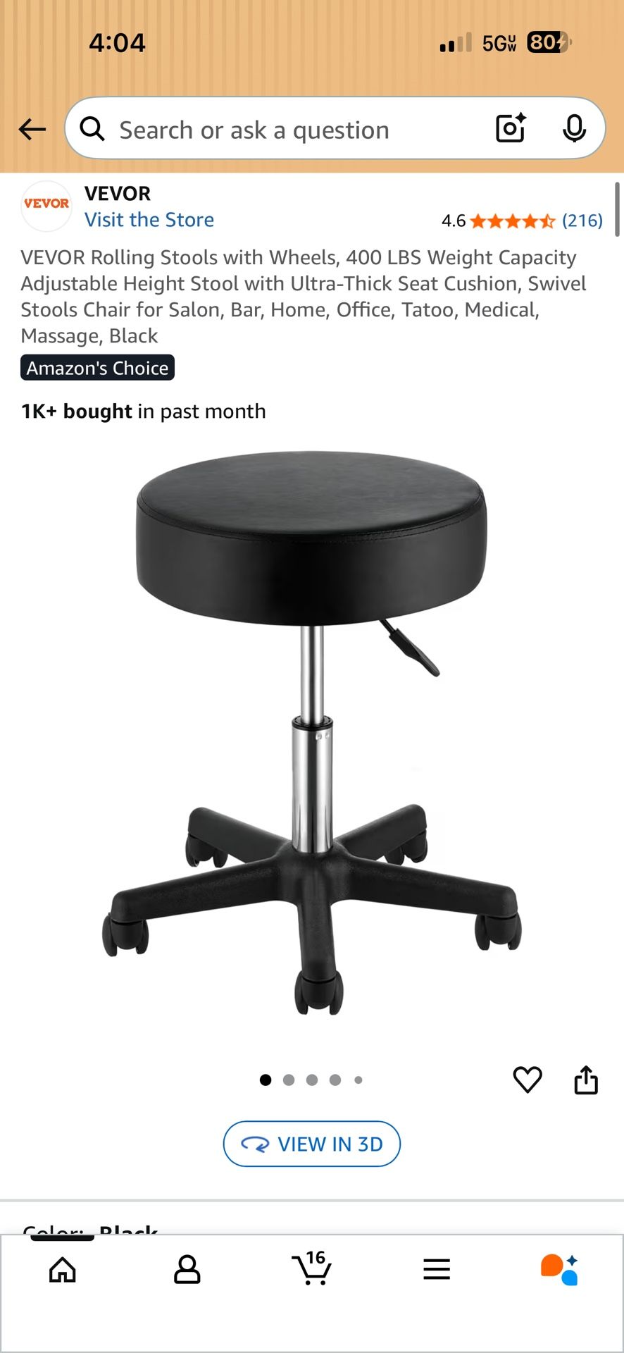 Brand New Black Height Adjustable Thick Pad Rolling Stool