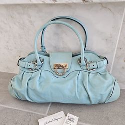 Salvatore Ferragamo Teal Leather Hobo Handbag with Silver Hardware