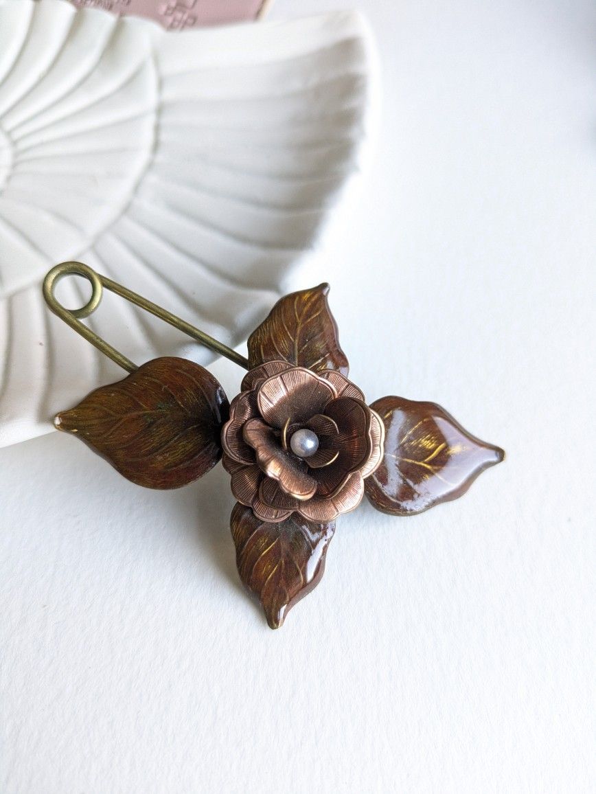 Brown Flower Handpainted Brooch, Copper Flower Scarf Pin, Fall Coat Pin, Hat Pin