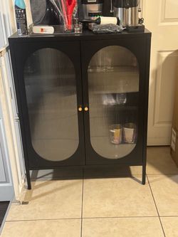 Black Metal Cabinet with Ribbed Glass Doors
