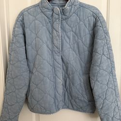 Blue Quilted Distressed Zip Oversized Bomber Jacket Sz Med