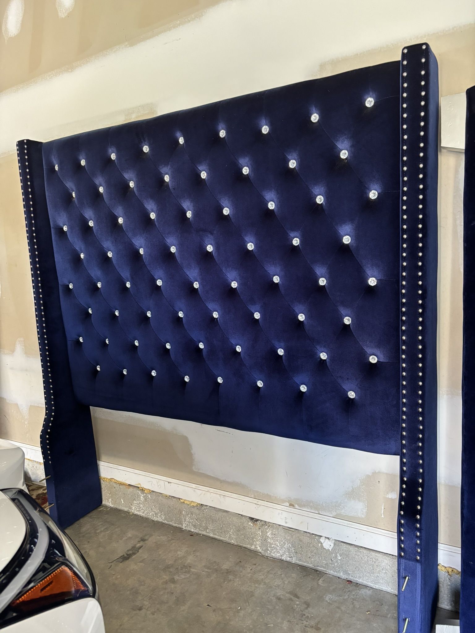 Blue Velvet Tufted Queen Headboard