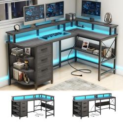 L-Shaped Computer Desk With LED lights And POWER OUTLETS