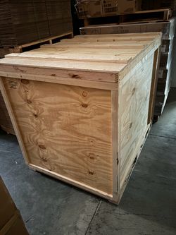 Wood shipping storage crate on pallet 40”x54”x43”high