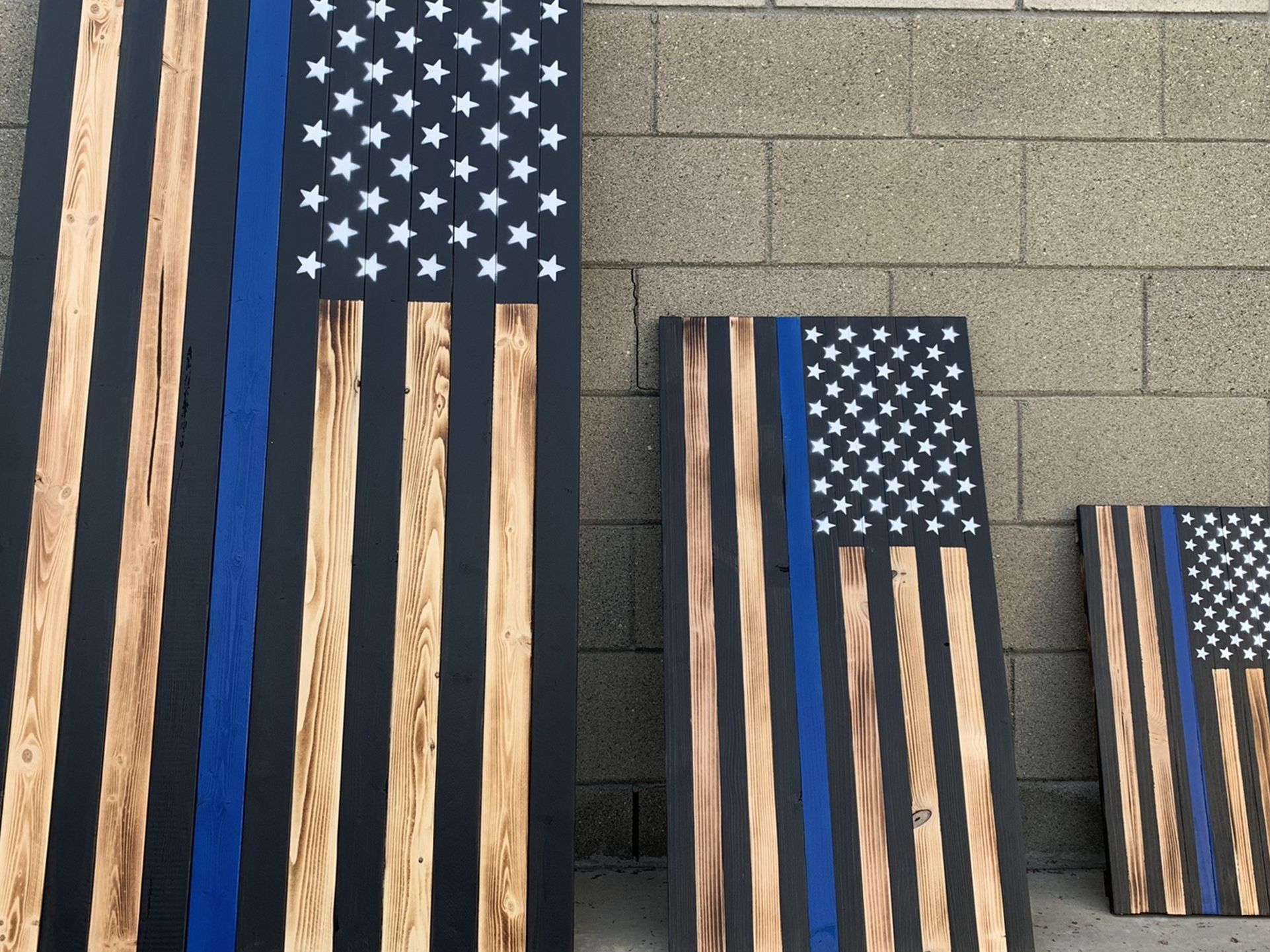 Handade Thin Blue Line Wooden US flags (3 sizes to choose)