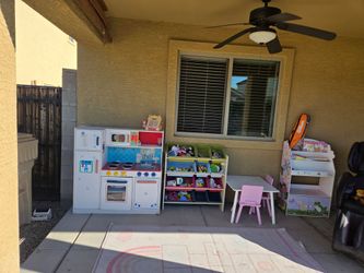 kitchen play, table, storage, shelf, all