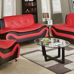 Modern Style Red Leather Three Piece Couch Set