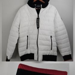 Men's Guess White Jacket Puffer Chamarra XL Hooded