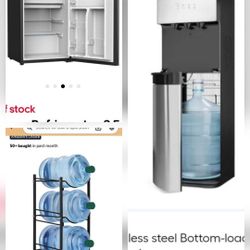 Package deal! Hot & cold water dispenser, 5 gallon jug rack, 5 5gallon jugs, Refrigerator 