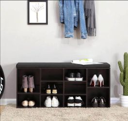 Black Shoe Storage Bench | 8 Cubbies | Padded Seat | Entryway