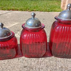 Vintage Artland Ruby Red Ribbed Apothecary Jar Canister Set *25.00 Firm*