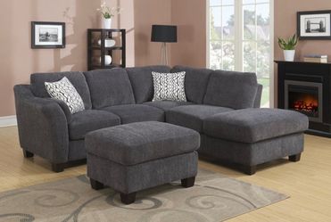 Pottery barn  charcoal gray contemporary chenille sectional couch and ottoman