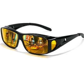 NEW! Wrap around Fit Over Night Driving Glasses, Yellow Polarized UV400, Black frame