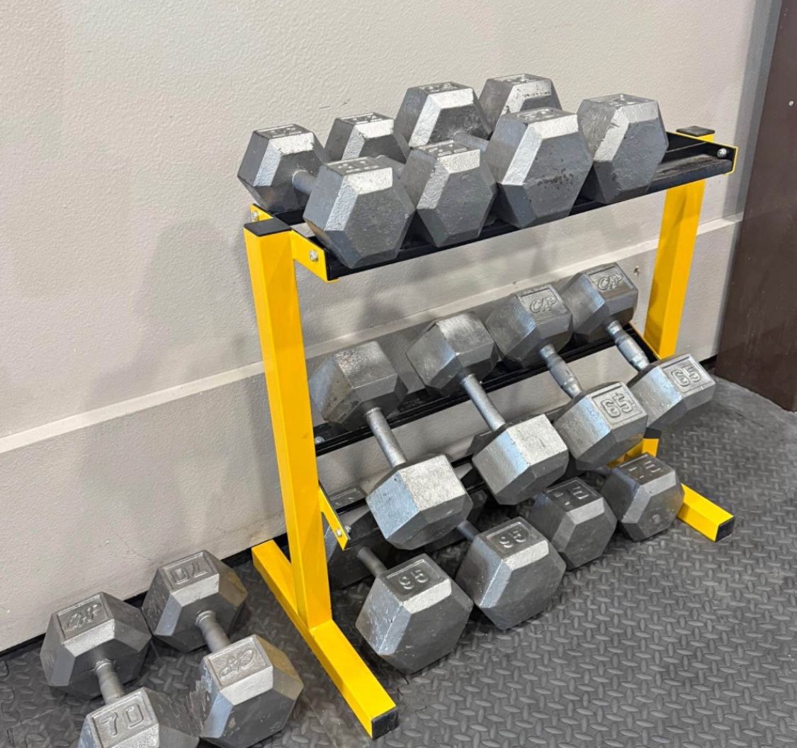 Set up 30lbs, 50lbs, 60lbs, 65lbs, 70lbs, 75lbs, and 95lbs dumbbells.