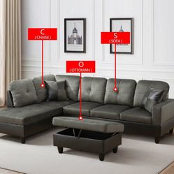 Light Grey Flannel Sectional Set