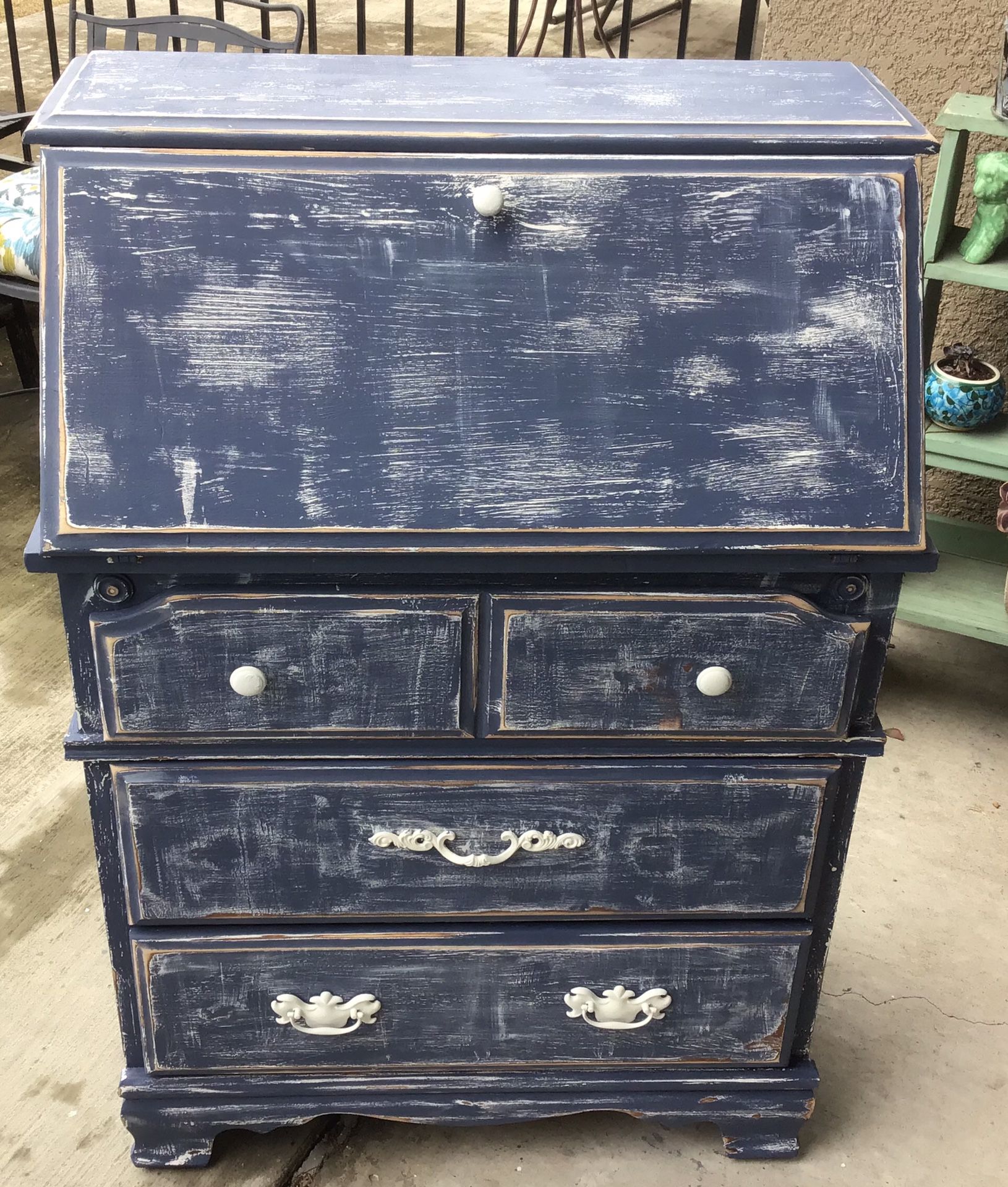 Vintage blue secretary desk with drawers