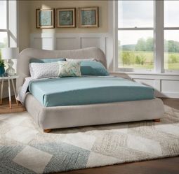 Grey Boucle Queen Bed Frame with Curved Headboard
