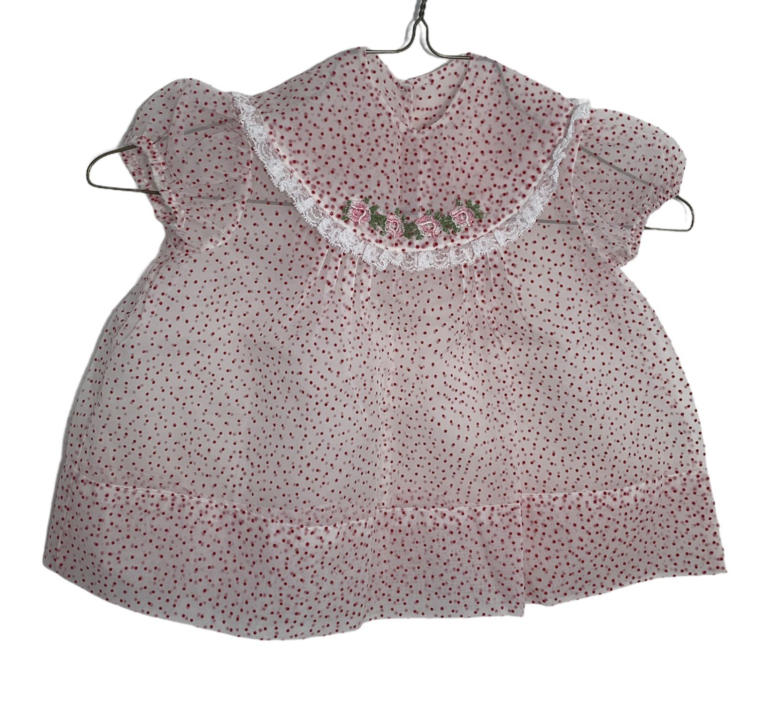 VTG Baby Girl Party Dress White Sheer Red Polka Dots Sheer Lace Floral Applique