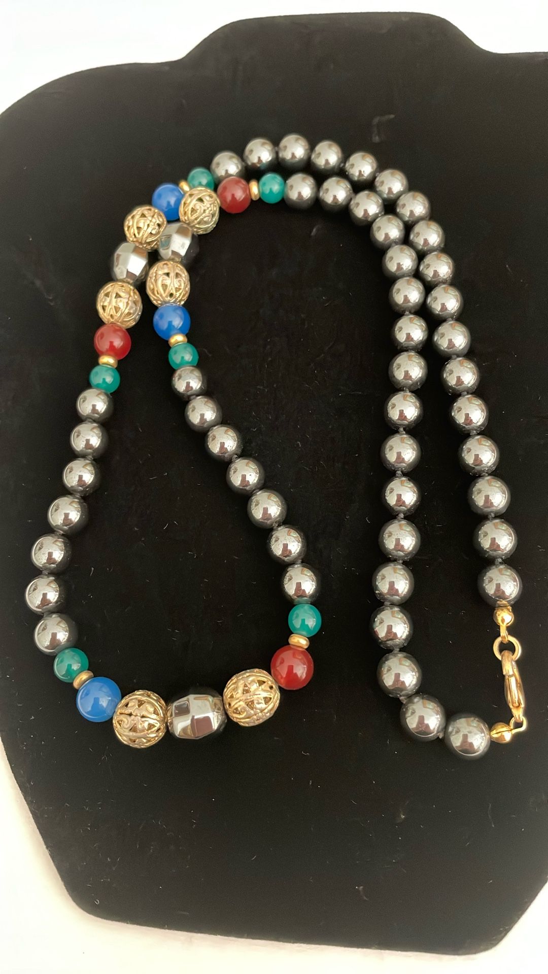 Beautiful 12” Inch Hematite Necklace With Multi Color Stone Beads