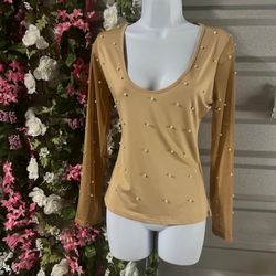 Beaded Plunge Long Sleeve Top