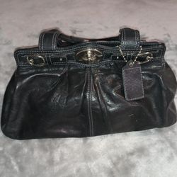 Coach Pleated Satchel Handbag in Black Leather w/Nickel TurnLock (13914)