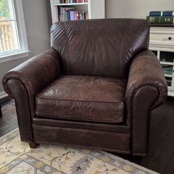 Large Roll Arm Leather Chair With Ottoman