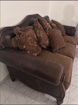 Chocolate leather sofa & love seat set with small fridge