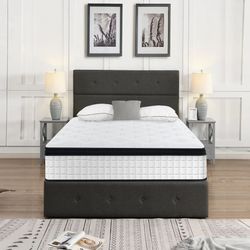 Homy Casa SUMMIT Twin Bed With Mattress Upholstered Platform Bed with Wingback Headboard + 12 Inch Hybrid Twin Mattress Set