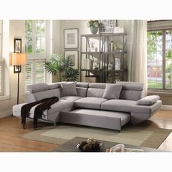 Sectional Sofa W Sleeper Grey Fabric , Solid Wood, Metal, Others. Accent Pillows Included. Tight Back And Seat Cushion. Pocket Coil Seating. New 