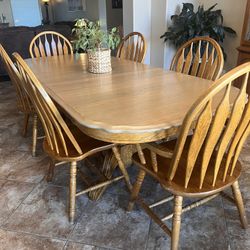 Solid Oak Wood Table Dining Set with 2 Leaves & 6  Chairs
