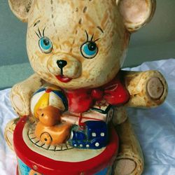 Vintage Hand Painted Ceramic Teddy Bear Bank