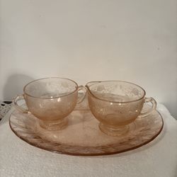 Vintage Hazel Atlas Pink Florentine Creamer and Sugar Bowl Set