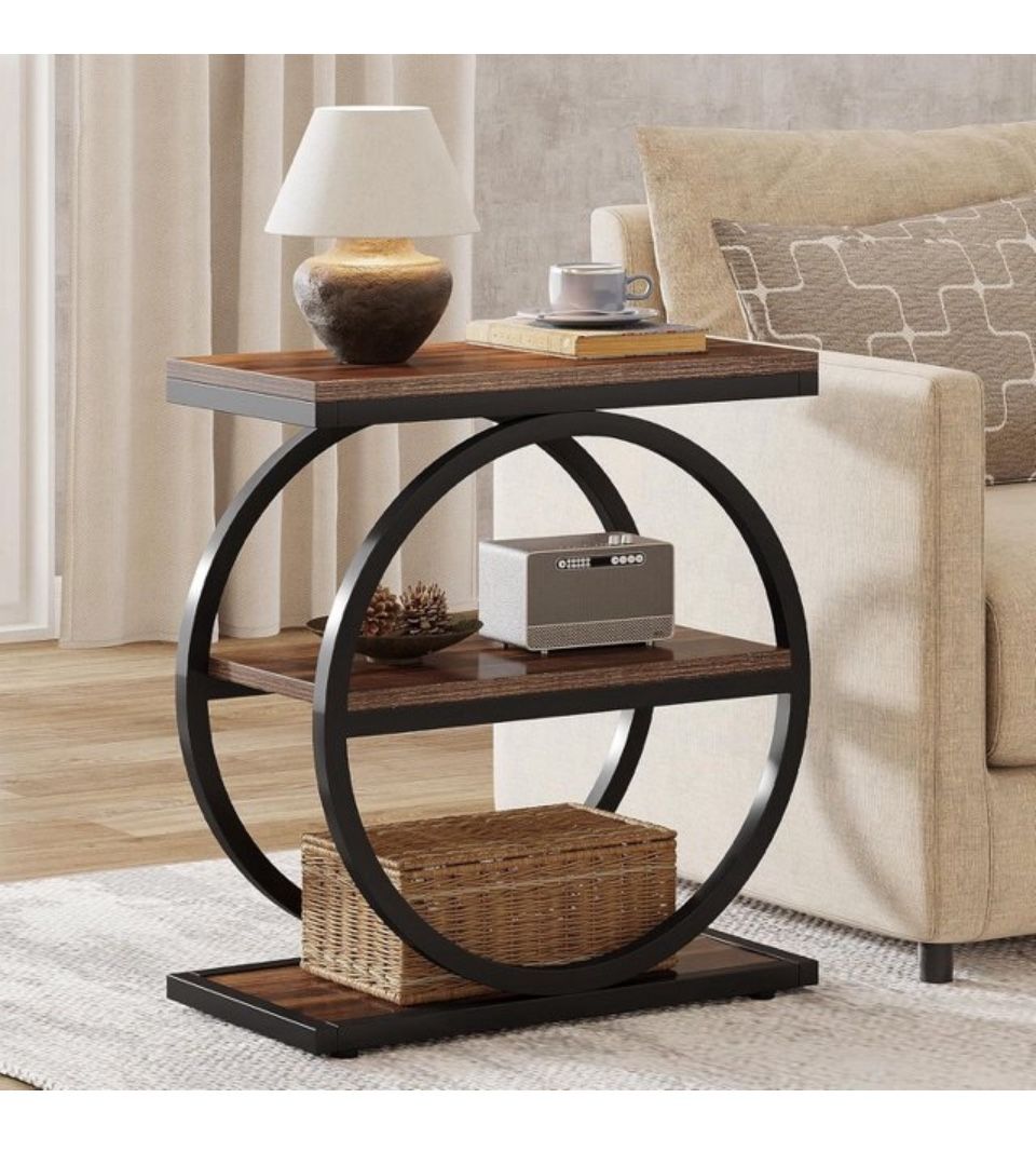 3-Tier Narrow End Table, Wood Side Table with Black Metal Frames