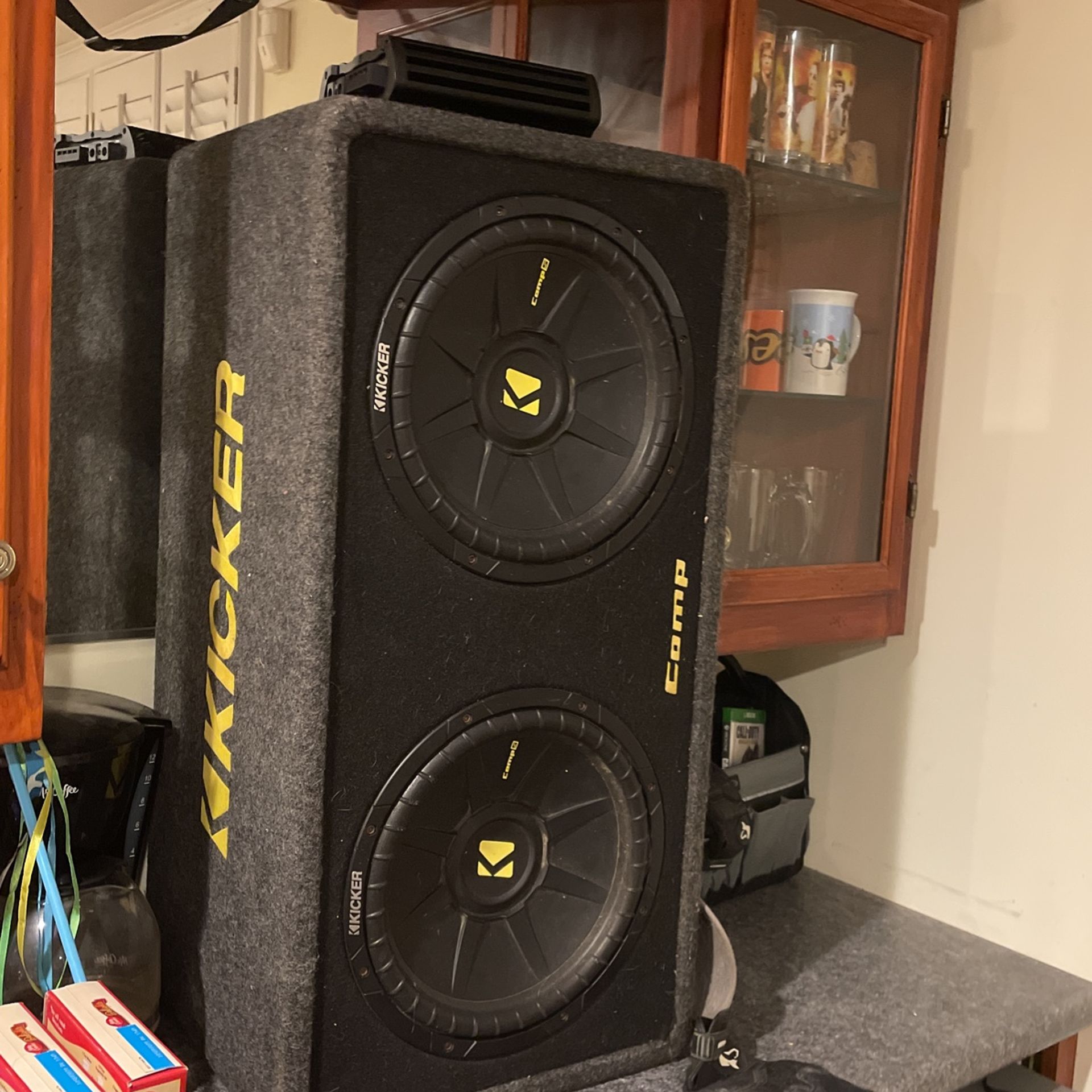 Two 12” Kickerz Comp Speakers With Amp , Does Not Have Amp Kit. Will Negotiate So Throw Offers