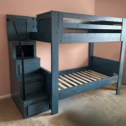 Cool Blue Twin Over Twin Bunk Bed With Stairs Storage 3 Drawers Good Condition 