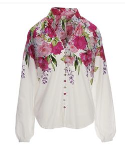 Garden Party Print Balloon Sleeve Peasant Shirt
