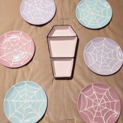 New Pastel Gothic Coffin Snack Tray & 6 Spiderweb Plates